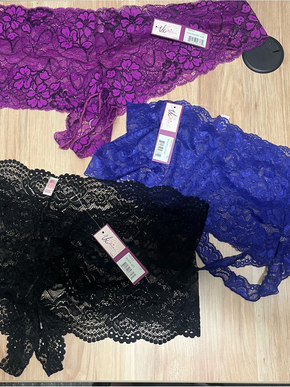 3 Pairs Lace Crotchless Panties - Black, Royal Blue, Purple